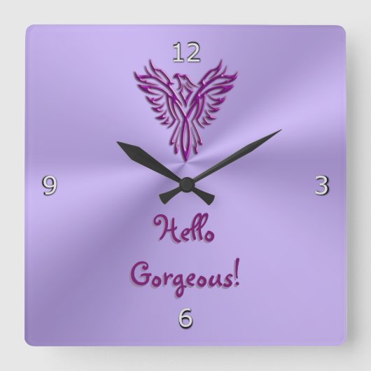 Horloge Carrée Dessin de l'emblème de Phoenix avec Hello Gorgeous (Recto)