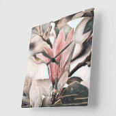 Horloge Carrée Dessin d'une branche de fleur de magnolia rose (Angle)