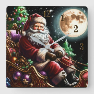 Horloge Carrée Dessin dur Pastel Noël Père Noël à Sleigh