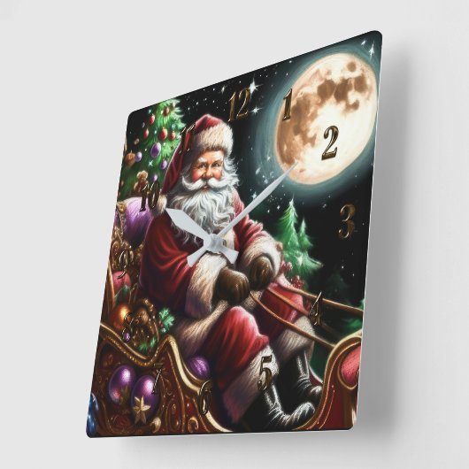 Horloge Carrée Dessin dur Pastel Noël Père Noël à Sleigh (Angle)