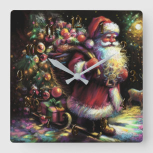 Horloge Carrée Dessin dur Pastel Noël Père Noël avec cadeaux