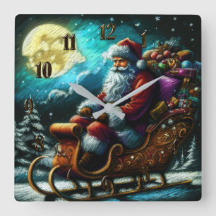 Horloge Carrée Dessin dur Pastel Noël Père Noël dans Sleigh 2