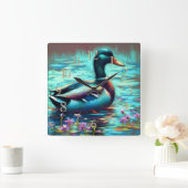 Horloge Carrée Dessin dur Pastel Peinture d'un canard de Majard (Maison)