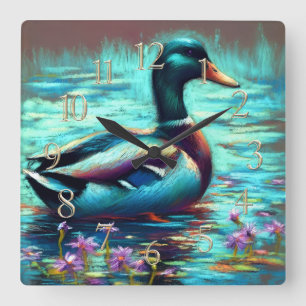 Horloge Carrée Dessin dur Pastel Peinture d'un canard de Majard