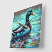 Horloge Carrée Dessin dur Pastel Peinture d'un canard de Majard (Angle)