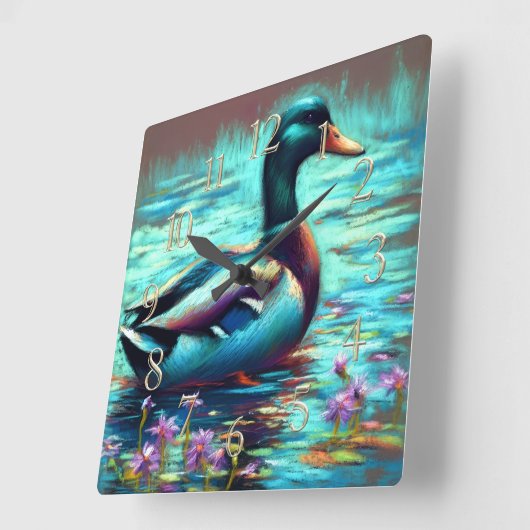 Horloge Carrée Dessin dur Pastel Peinture d'un canard de Majard (Angle)