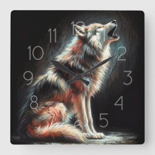 Horloge Carrée Dessin dur Pastel Wolf