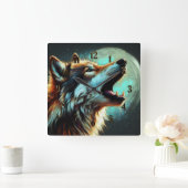 Horloge Carrée Dessin dur Pastel Wolf Howling Moon (Maison)