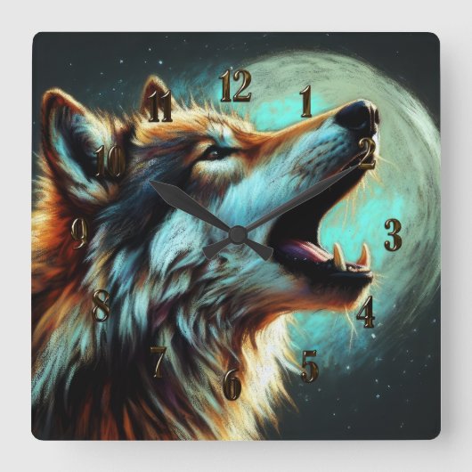 Horloge Carrée Dessin dur Pastel Wolf Howling Moon (Recto)
