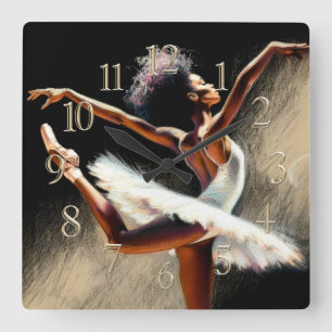 Horloge Carrée Dessin Pastel Ballerina Noir