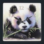 Horloge Carrée Dessin pastel de Panda Bear Bamboo II<br><div class="desc">Dessin pastel de Panda Bear Bamboo II</div>