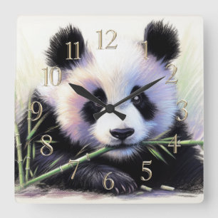 Horloge Carrée Dessin pastel de Panda Bear Bamboo II