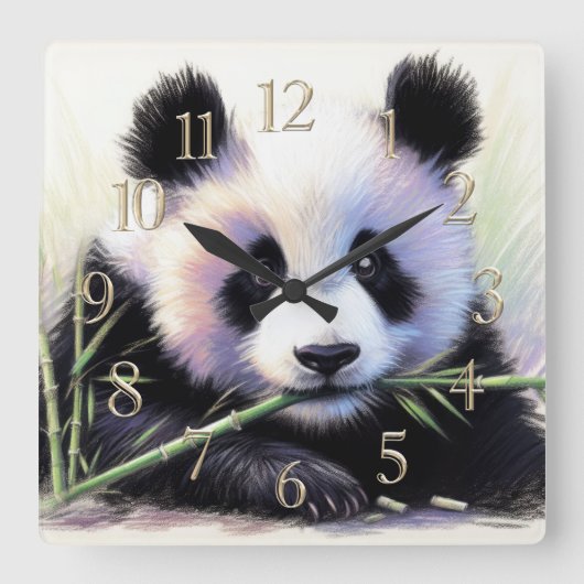 Horloge Carrée Dessin pastel de Panda Bear Bamboo II (Recto)