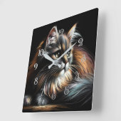 Horloge Carrée Dessin Pastel Dessin Long-Haired Chat (Angle)