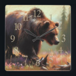 Horloge Carrée Dessin pastel du grizzli dans la nature<br><div class="desc">Dessin pastel du grizzli dans la nature</div>