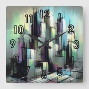 Horloge Carrée Dessin Pastel Ville futuriste Abstrait