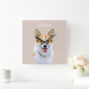 Horloge Carrée Dessin personnalisé Welsh Corgi Dog