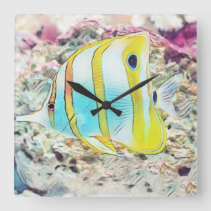 Horloge Carrée Dessin vintage de poisson jaune bleu dans le Lumba