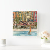 Horloge Carrée Destinations | Watercolor Beach & Bâtiments (Maison)