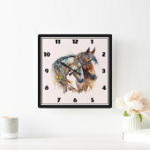 Horloge Carrée Deux beaux chevaux Boho occidental (Maison)