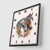 Horloge Carrée Deux beaux chevaux Boho occidental (Angle)