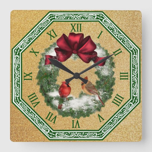 Horloge Carrée Deux cardinaux ~ Serrure de Noël neigeuse ~ Bow ro (Recto)