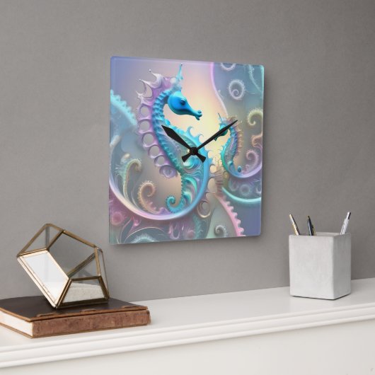 Horloge Carrée Deux Seahores Pastel Fractal Art, (Bureau)