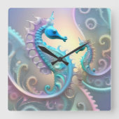 Horloge Carrée Deux Seahores Pastel Fractal Art, (Recto)