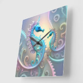 Horloge Carrée Deux Seahores Pastel Fractal Art, (Angle)