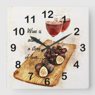 Horloge Carrée deux verres à vin et des fruits
