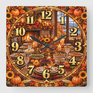 Horloge Carrée Dîner de Thanksgiving Récolte d'Automne