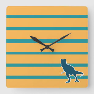 Horloge Carrée dinosaure t-rex jurassique rayures bleu jaune
