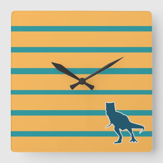 Horloge Carrée dinosaure t-rex jurassique rayures bleu jaune (Recto)