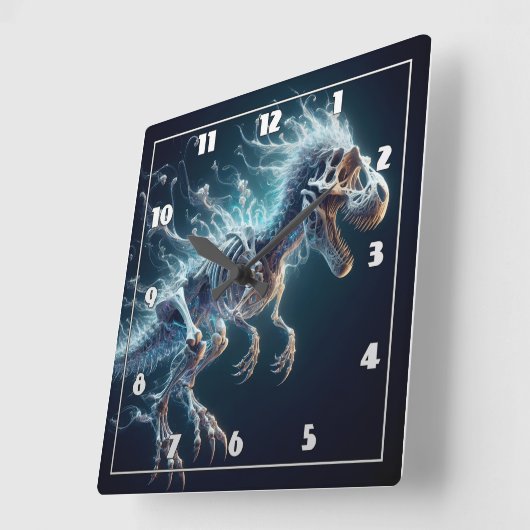 Horloge Carrée Dinosaure translucide Squelette brillant dans l'ob (Angle)