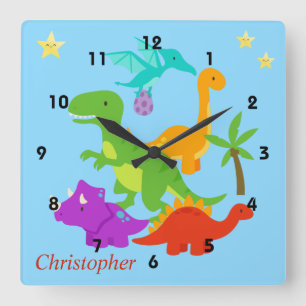 Horloge Carrée Dinosaures Amusants Bleu Coloré
