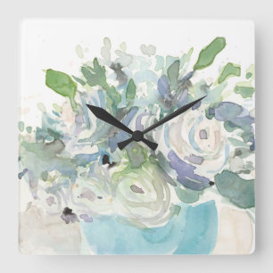 Horloge Carrée Disposition de ressort - bouquet d'aquarelle