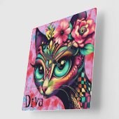 Horloge Carrée Diva Whimsical Big Eye Cat Kitty Floral (Angle)