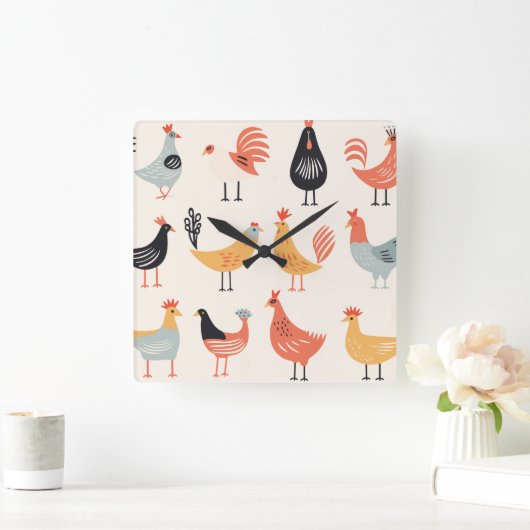 Horloge Carrée Divers poulets sur fond blanc (Maison)