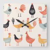 Horloge Carrée Divers poulets sur fond blanc (Recto)