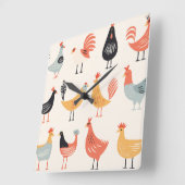 Horloge Carrée Divers poulets sur fond blanc (Angle)