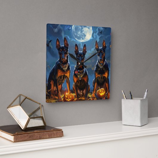 Horloge Carrée Doberman Halloween Épouvantable (Bureau)