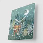 Horloge Carrée Doe et chevreuils dans la Pleine lune forestière c (Angle)