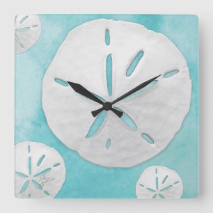 Horloge Carrée Dollar de plage Tropical Turquoise Aquarelle