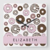 Horloge Carrée Donuts Roses, Donuts Brown, Sprinkings, Votre Nom (Recto)