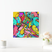 Horloge Carrée Doodle Art Abstrait coloré (Maison)