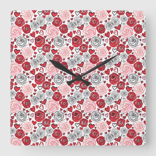 Horloge Carrée Doodle Art Style Red Pink Roses Hearts Valentine's (Recto)