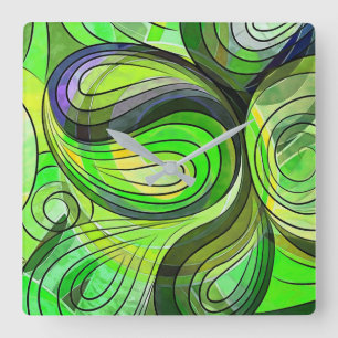 Horloge Carrée Doodle vert pomme avec lignes noires