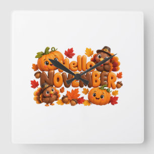 Horloge Carrée Doux Hello Novembre d'Action de grâce dinde 3D fes
