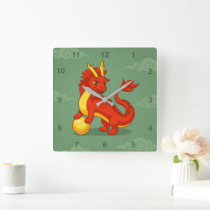 Horloge Carrée Dragon Chinois Rouge sur Fond Vert
