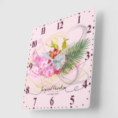 Horloge Carrée Dragon Fruit et rose Orchid Tropical (Angle)